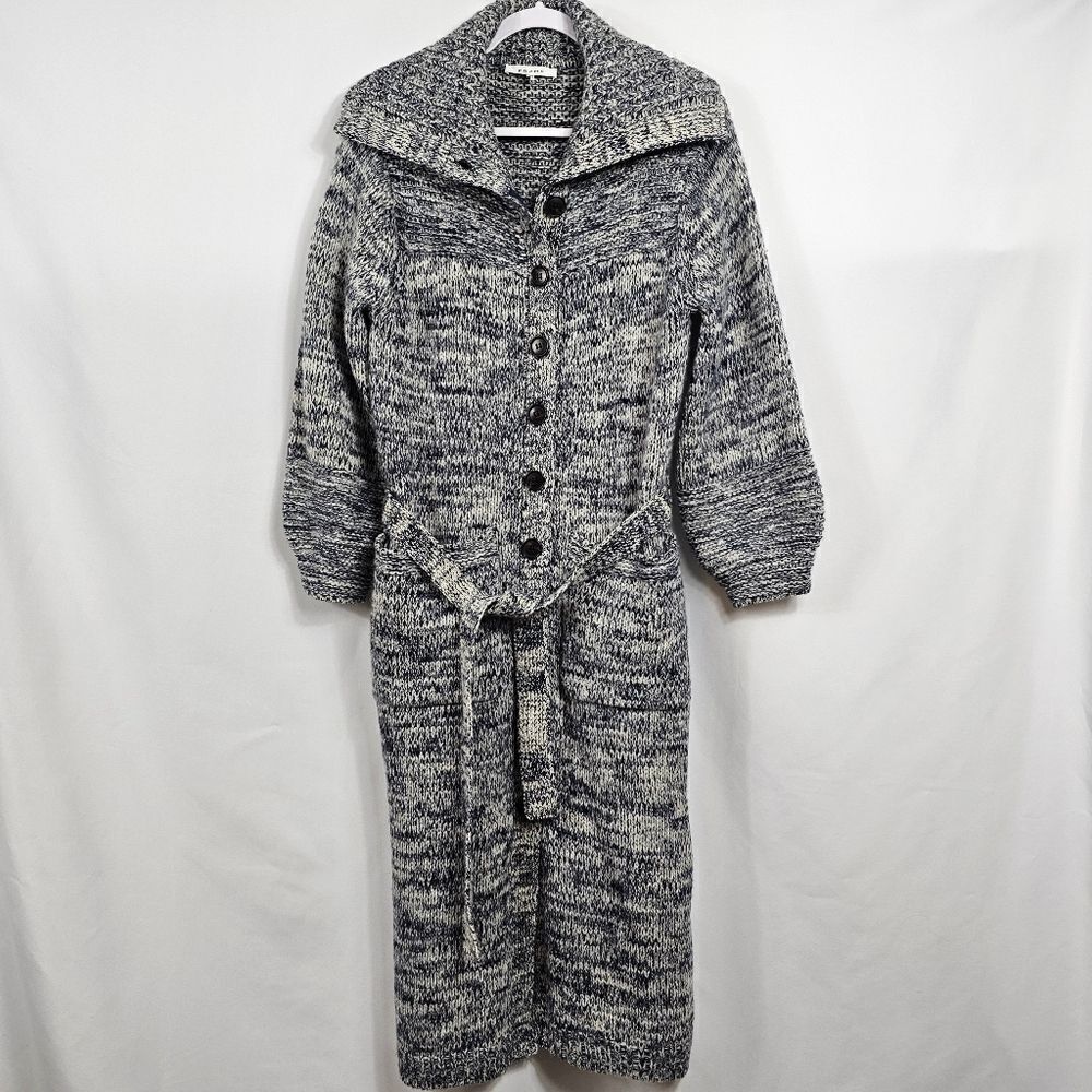 Frame Belted Melange Wool Blend Belted Cardigan in Navy and Light Gray Size S